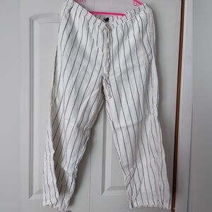 J. Crew White Linen-Blend Drawstring Pants with Navy Pinstripes